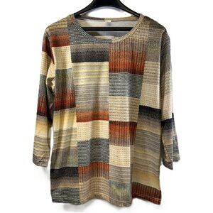 Multicolor Patchwork Print Long Sleeve Top, Lightweight Knit, Women’s XL, NWOT